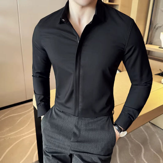 CAMISA DE SOLAPA CON CREMALLERA – ELEGANCIA MODERNA PARA HOMBRES CON ESTILO