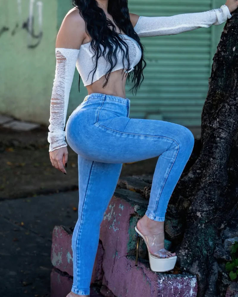 VAQUEROS AJUSTADOS DE CINTURA ALTA PARA MUJER