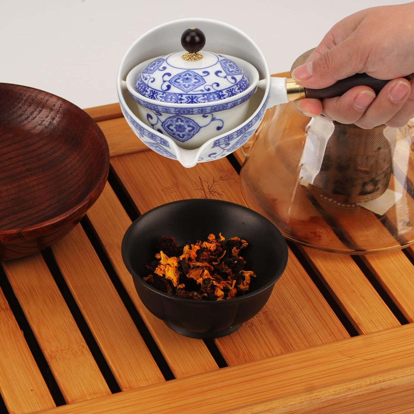 TETERA GIRATORIA DE PORCELANA + 4 TAZAS + MALETA