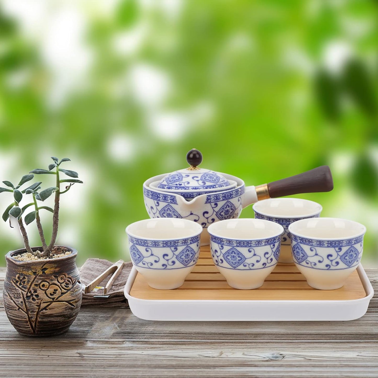 TETERA GIRATORIA DE PORCELANA + 4 TAZAS + MALETA